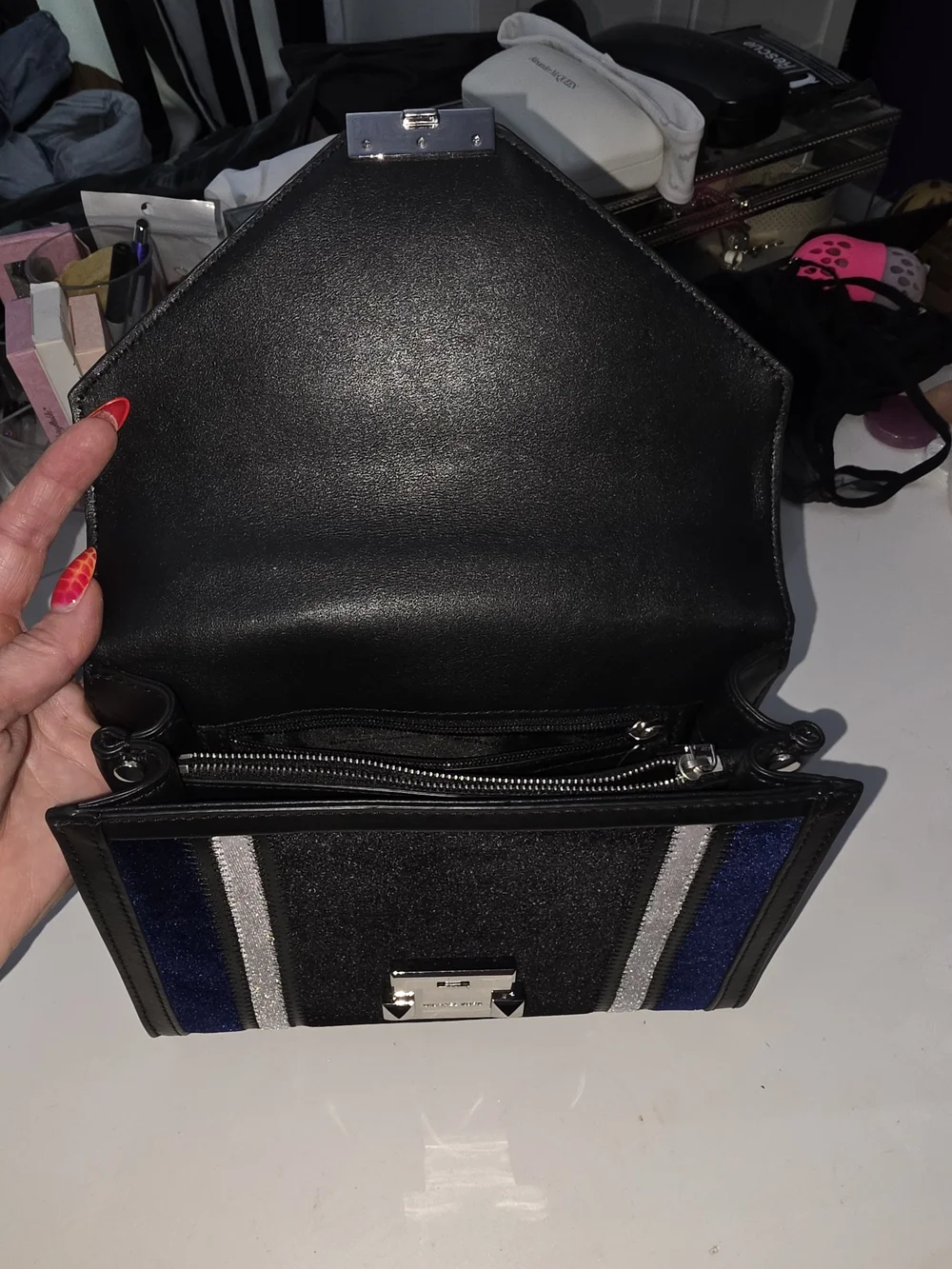 Michael Kors Navy and Black Velvet Chain Shoulder Bag
